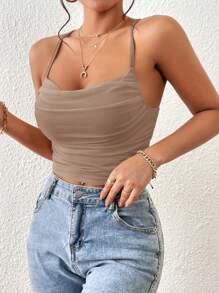 SHEIN Essnce Solid Color Pleated Bodycon Camisole Top - Mocha Brown - View 3