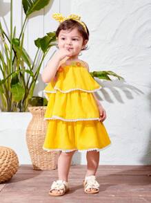 SHEIN Baby Girl Cute Vacation Style Ruffle Trim Floral Pattern Spaghetti Strap Dress