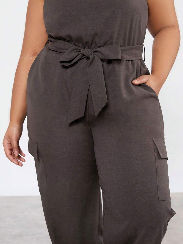 Plus Size Solid Color Strapless Jumpsuit With Slanted Pockets