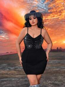 SHEIN SXY Plus Size Women's Black Summer 70's Night Out Club Party Rave Music Festival Country Concert Heavy Duty Rhinestone Studded Bandage Cami Dress - Black - View 5