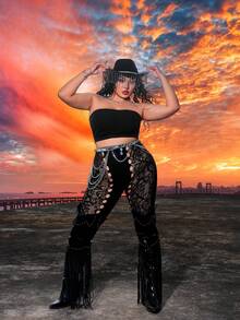 SHEIN SXY 大码性感春夏狂欢派对音乐节乡村音乐会无缝高弹力蕾丝镂空紧身裤 - 黑色 - 查看 5