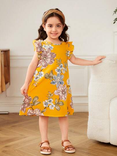 SHEIN Leap Crew 少女清新花卉图案圆领荷叶袖A字梭织连衣裙