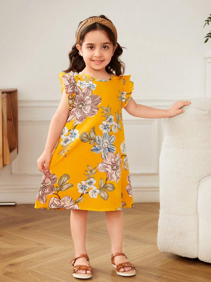 SHEIN Leap Crew 少女清新花卉图案圆领荷叶袖A字梭织连衣裙 - 黃色 - 查看 1