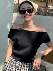 DAZY Ladies' Solid Color Off-Shoulder Short-Sleeved Knitted Top - Black - View 4