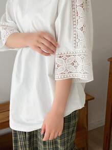 FRIFUL Ladies Lace Patchwork Stand Collar T-Shirt - White - View 9