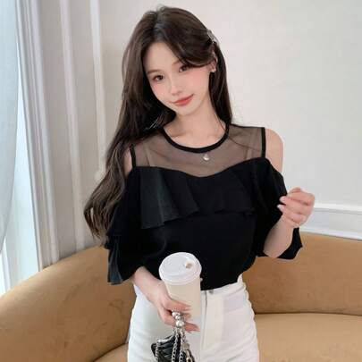 여성용 외출 상의 메쉬 패널 반팔 라운드 넥 러플 밑단 블라우스, 여름
