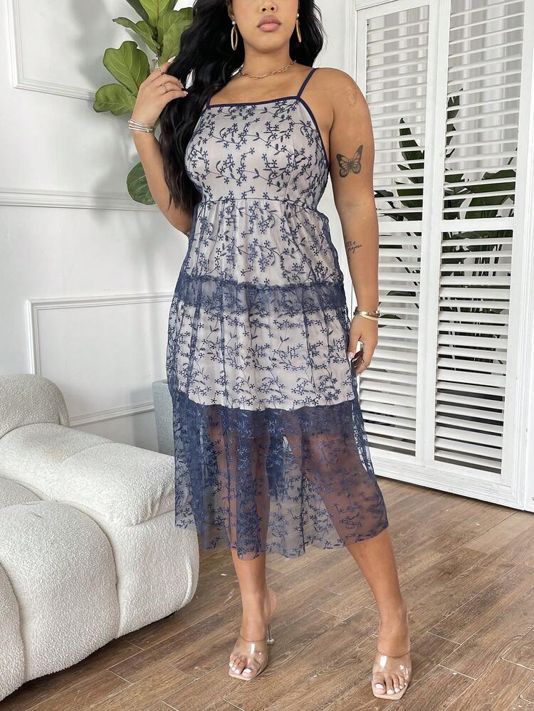 Plus Size Embroidered Mesh Cami Dress