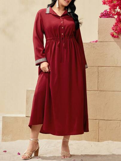 Mulvari 勃艮第红色加大码编织条纹拼布抽绳腰连衣裙