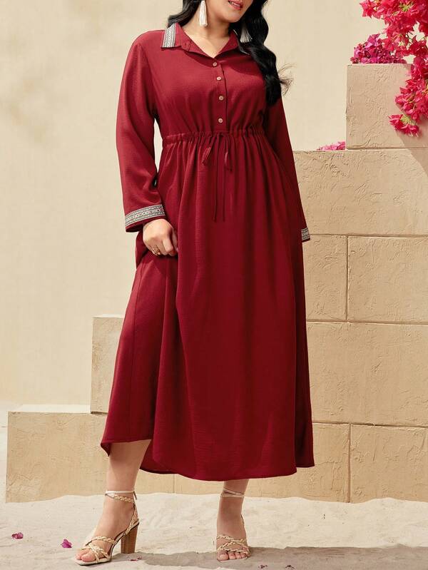 Mulvari Burgundy Red Plus Size Woven Stripe Patchwork Drawstring Waist Dress