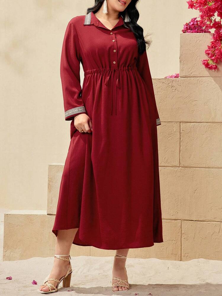 Burgundy Red Plus Size Woven Stripe Patchwork Drawstring Waist Dress