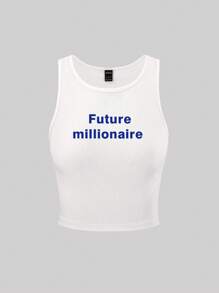 SHEIN Unity 女式字母印花短款背心 Future Millionaire - 白色 - 查看 3