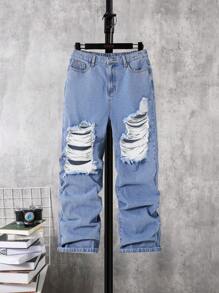 SHEIN Quần Jeans Rách Thời Trang, Cá Tính, Thoải Mái Cho Bé Trai Tuổi Teen Có Hiệu Ứng Giặt Giặt - Rửa nhẹ - Xem 1