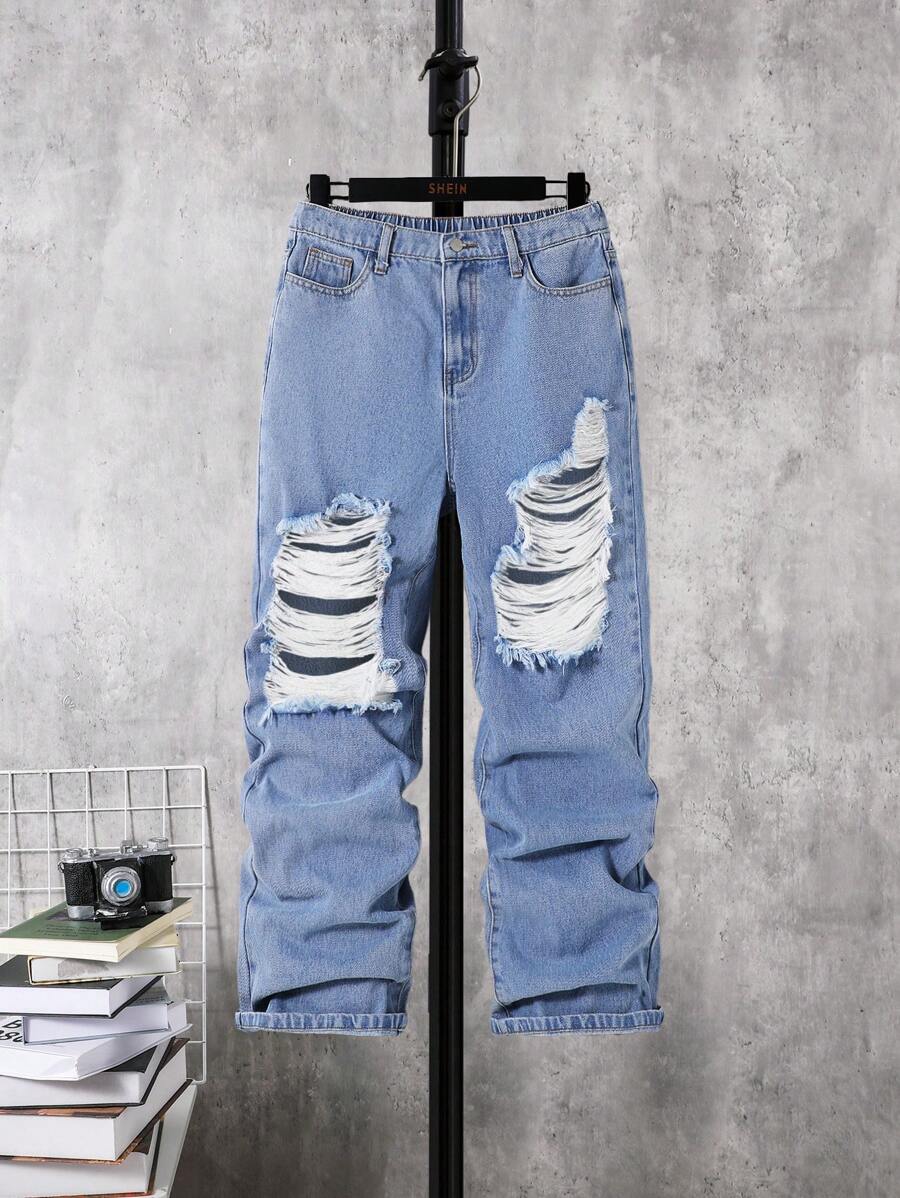 SHEIN Quần Jeans Rách Thời Trang, Cá Tính, Thoải Mái Cho Bé Trai Tuổi Teen Có Hiệu Ứng Giặt Giặt - Rửa nhẹ - Xem 1