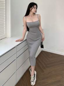 DAZY Vestido de tirantes acanalado de unicolor para mujer - Gris Claro - Ver 1