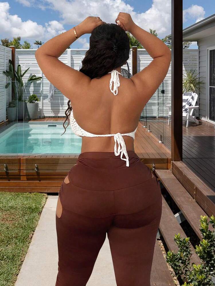 Plus Size Solid Color Halter Neck Tie Back Hollow Out Knitted Top