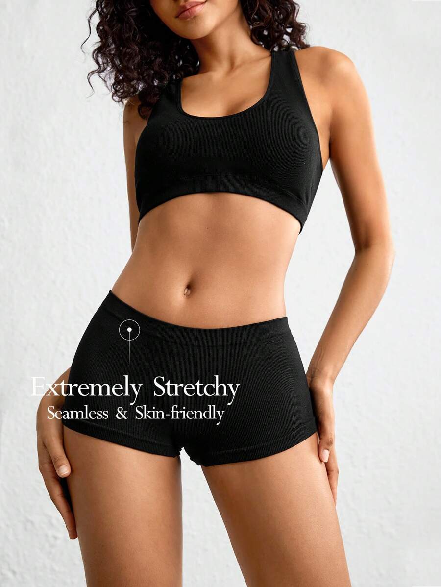 Ocili Leisure Extremely Stretchy Seamless & Skin-Friendly Non-Removable Padding Solid Vest Bra & Panty Sets-Black - Black - View 1