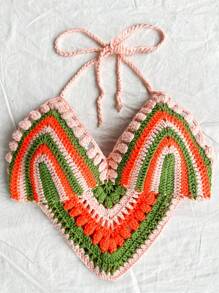 Soleia Women's Color Block Striped Open Back Knitted Tank Top With Halter Neckline - Multicolor - View 4