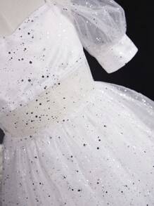 SHEIN Tween Girls Luxury Sequins Layered Mesh Ruffle Puff Sleeve Flower Girl Dress, Wedding Party Event, Birthday Ceremony Gown