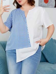 SHEIN Essnce 大尺碼格紋拼接下擺不對稱領口襯衫,帶缺口領口 - 彩色 - 查看 6