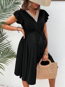 SHEIN Thai sản Màu sắc Chặn Ren Nối Xù Hoa Sen Eo dây rút Đầm - màu đen - Xem 4