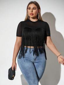 SHEIN Privé Top Preta Elegante de Verão Tamanho Plus Size com Recorte com Franjas Transparente, Adequada para Viagem, Férias, Festival de Música Country, Concertos, Atividades ao Ar Livre - Preto - Visão 3