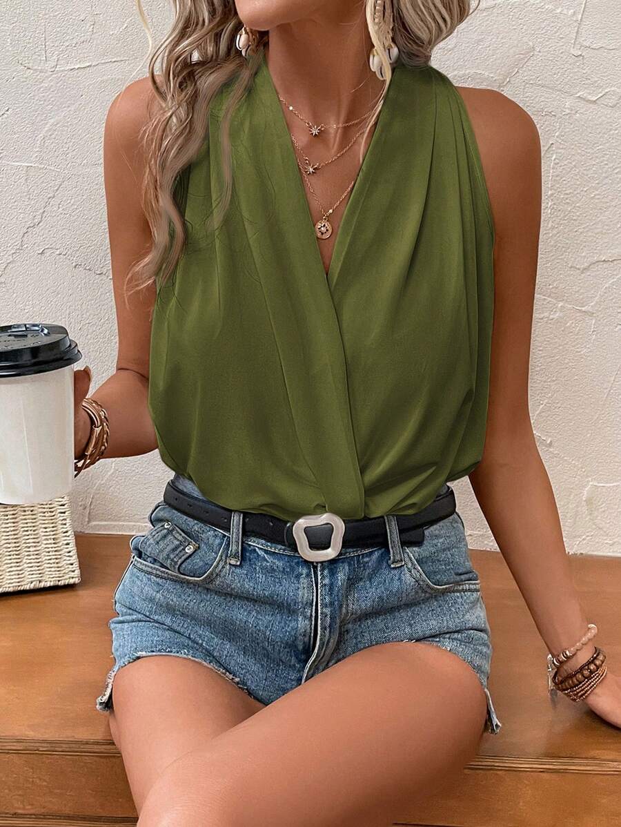 SHEIN LUNE Bộ đồ liền thân không tay in hoa phía trước cho trang phục Ngày của Mẹ mùa hè - xanh quân đội - Xem 1