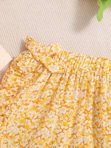 SHEIN Bộ đồ kỳ nghỉ bằng vải dệt kim Jacquard của Tween Girl và váy xòe in hoa - Màu vàng - Xem 3