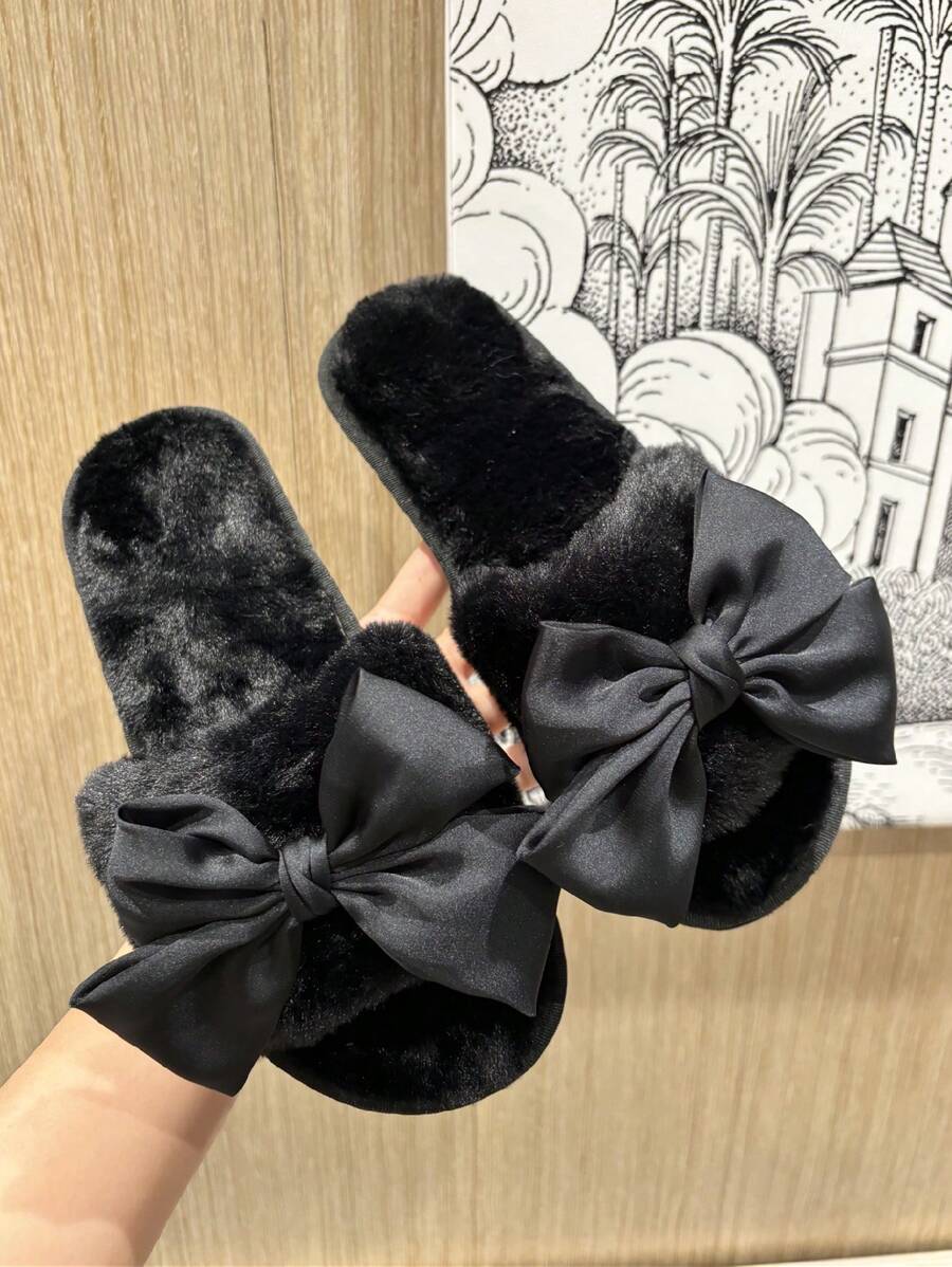 Fall/Winter Women's Elegant Black Bowknot Flat Plush Open Toe Slippers For Valentine's Day, Party And Home,Fluffy Slippers - Black - View 1