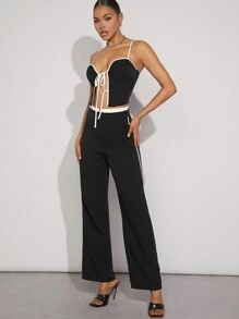 SHEIN Unity Contrast Tie Front Top & Pants Two Piece Set - Black and White - View 4