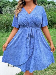 SHEIN Holidaya Kích thước lớn In vết tròn Polka Váy quấn - Màu xanh lam - Xem 1