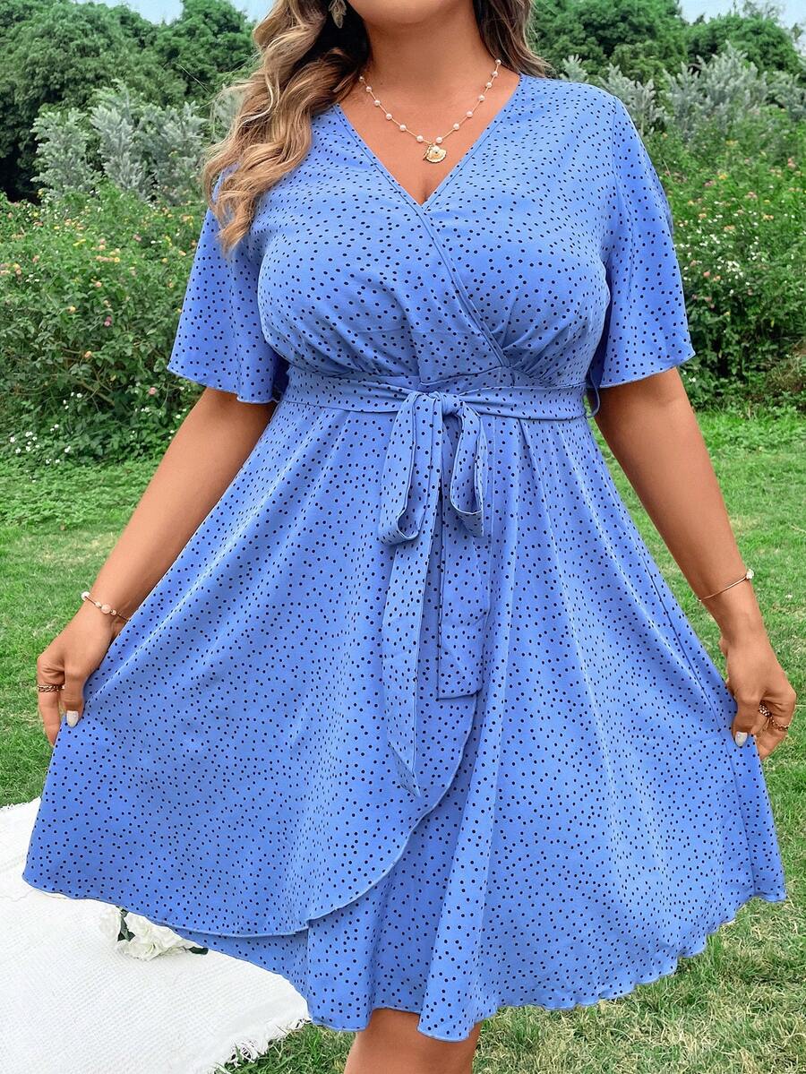 SHEIN Holidaya Kích thước lớn In vết tròn Polka Váy quấn - Màu xanh lam - Xem 1