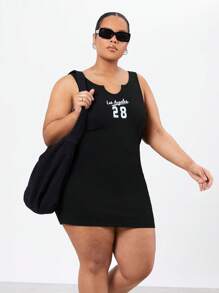 Forever 21 加大尺寸字母和數字印花貼身坦克裙 - 黑色 - 查看 1