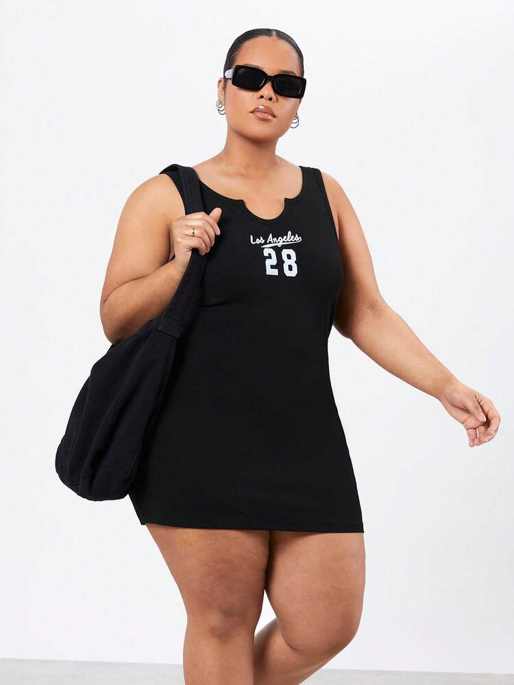 Plus Size Letter & Number Printed Bodycon Tank Dress