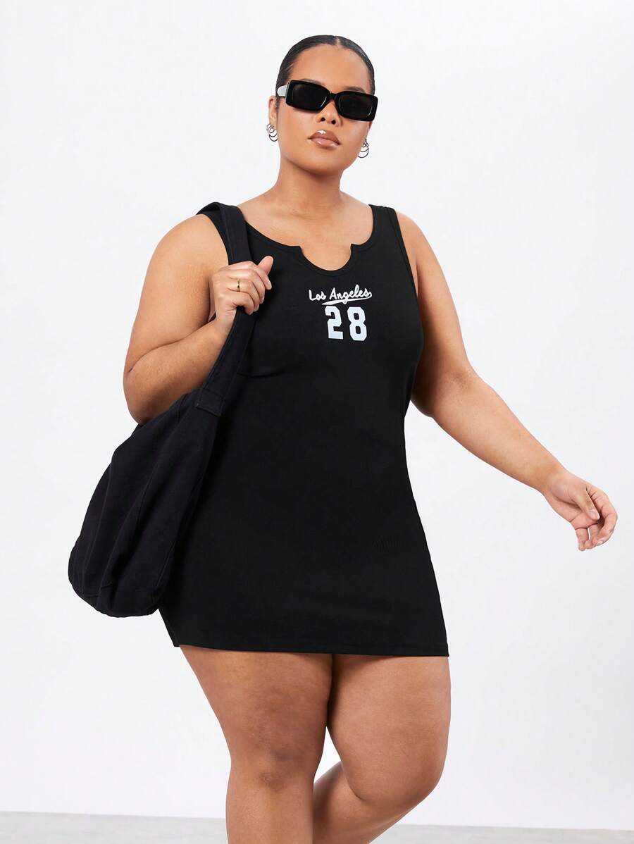 Forever 21 加大尺寸字母和數字印花貼身坦克裙 - 黑色 - 查看 1