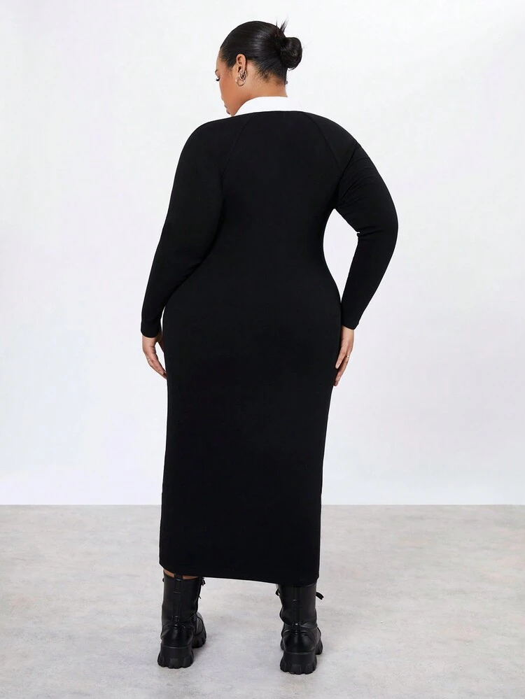 Plus Size Color Block V-Neck Fitted Long Sleeve Dress