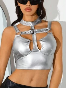 SHEIN ICON Y2k服飾金屬空心鏈條細節短款背心 - 銀色 - 查看 8