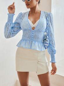 GENKIRA 花卉剪裁v領腰帶長袖襯衫 - 藍色 - 查看 4