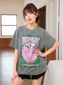 SHEIN Teen Girl Knitted Street Style Letter Print Loose Fit Long Short Sleeve T-Shirt With Round Neck