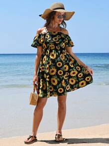 SHEIN Maternity Sunflower Print Ruffle Dress With Ruffle Hem