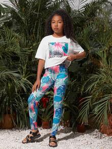 SHEIN Tween Girls'日常休閒熱帶印花圓領短袖上衣和長褲套裝 - 彩色 - 查看 4
