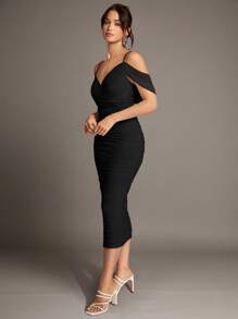 Silquee 露肩褶皱网眼吊带长裙中长款派对连衣裙黑色中长款连衣裙黑色紧身连衣裙黑色派对连衣裙女士 - 黑色 - 查看 4