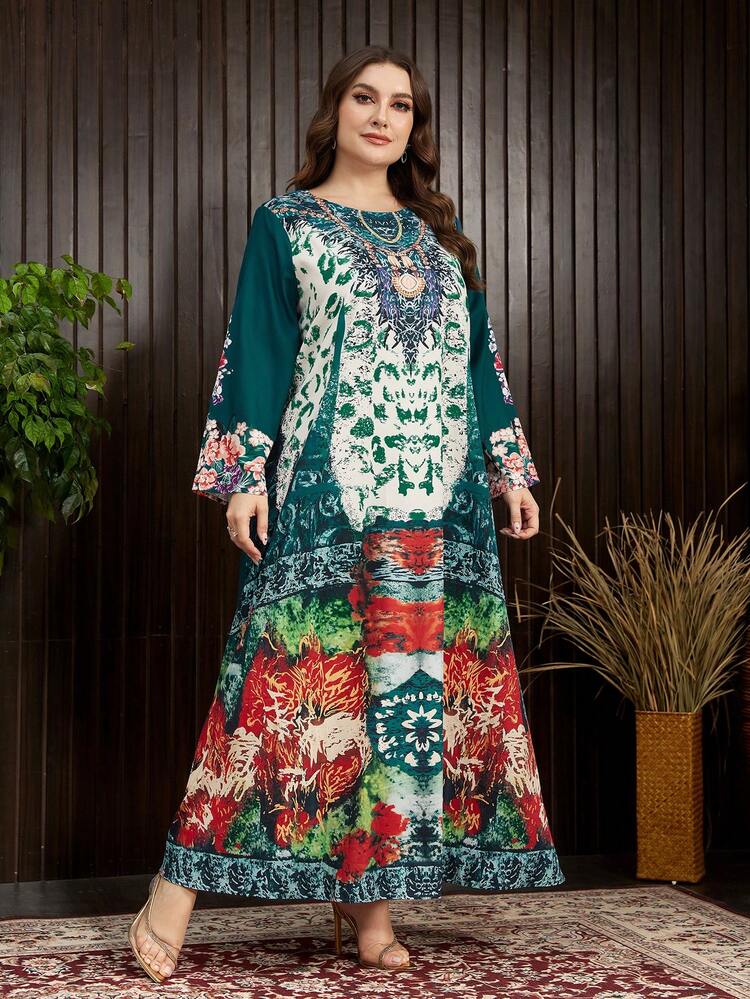 Plus Size Women's Floral Printed Patchwork Arabian Style Long Sleeve Tunic Dress