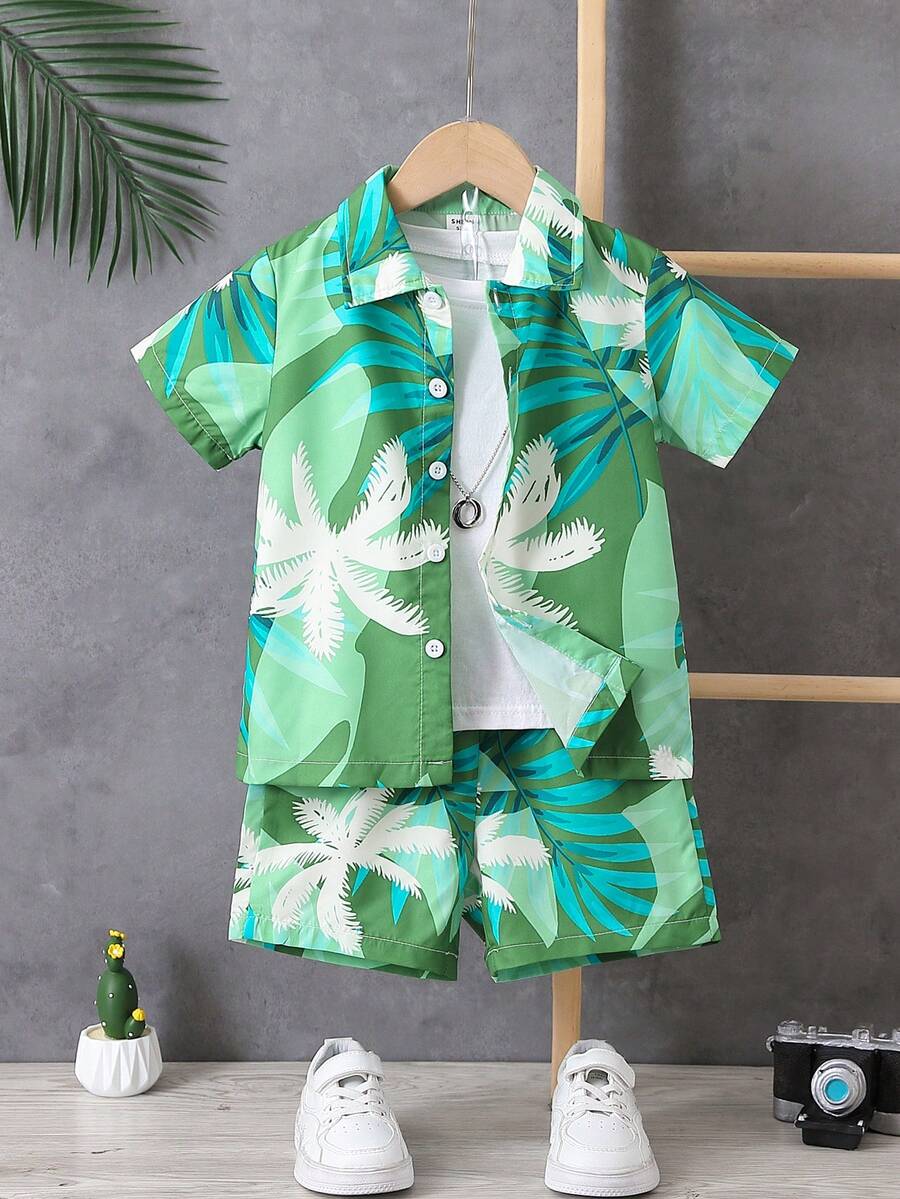 SHEIN Conjunto de ropa de primavera / verano en estilo country para niños jóvenes con camisa de manga corta y pantalones cortos con estampado de hojas tropicales (2 piezas) - Verde - Ver 1