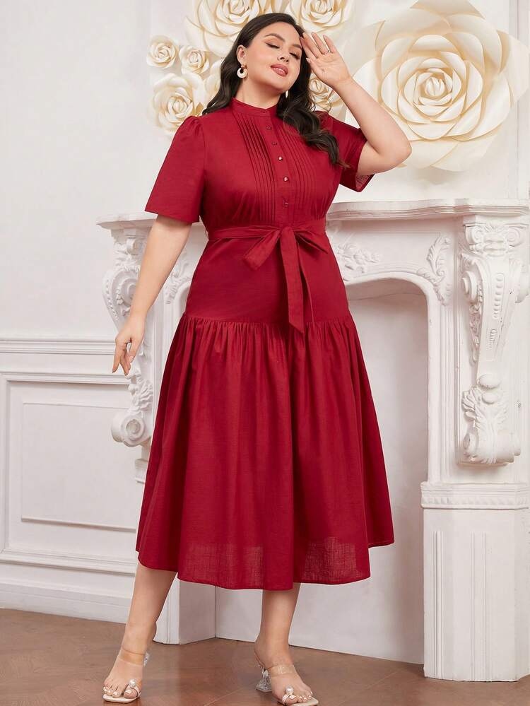Burgundy Red Plus Size Solid Color Stand Collar Pleated Dress Long Evening Dresses