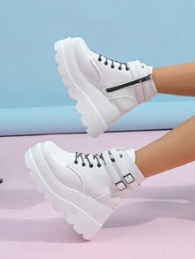 ROMWE Kawaii 女士側拉鍊厚底純色踝靴和短靴 - 白色 - 查看 4