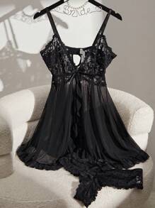 Seduluxe فستان ملابس داخلية مثيرة بحمالة من الدانتيل والشبك مع سروال جي-سترينج - الأسود - مشاهدة 5
