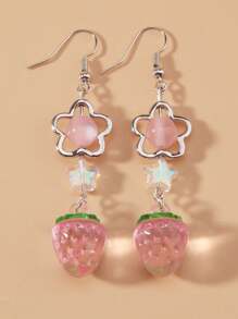 ROMWE Kawaii 可愛的聚合物黏土珠子星星,草莓形吊墜耳環珠寶禮物 - 粉色 - 查看 3