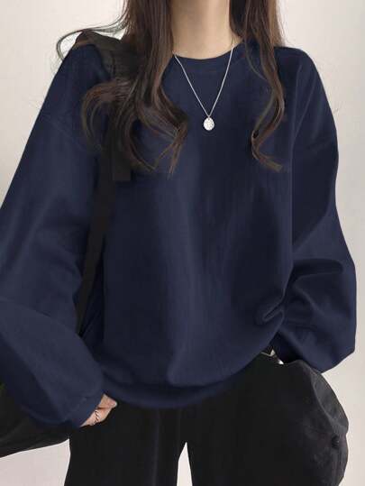 DAZY Solid Color Round Neck Drop Shoulder Casual Sweatshirt