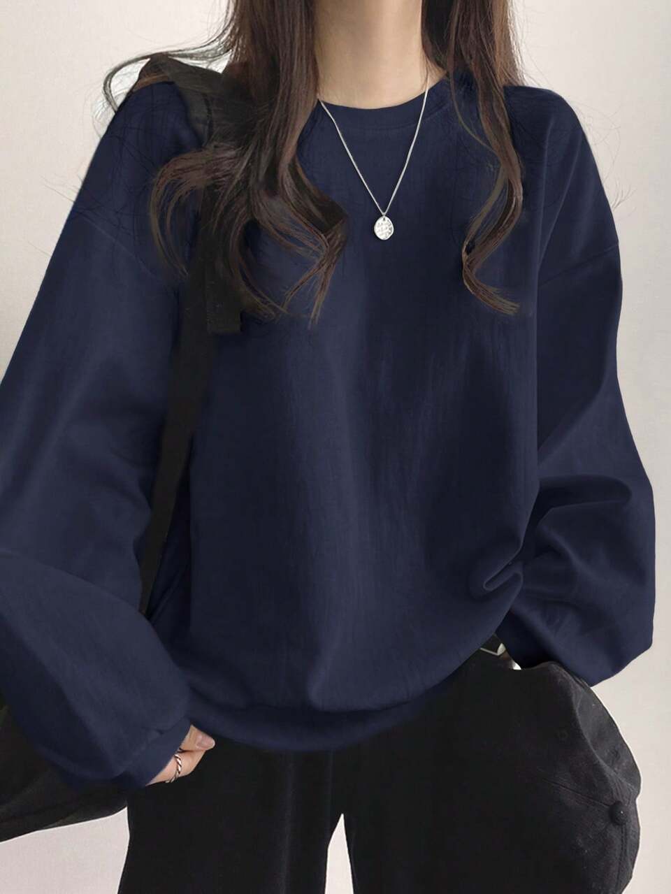 Solid Color Round Neck Drop Shoulder Casual Sweatshirt,Long Sleeve Tops,Fall Clothes