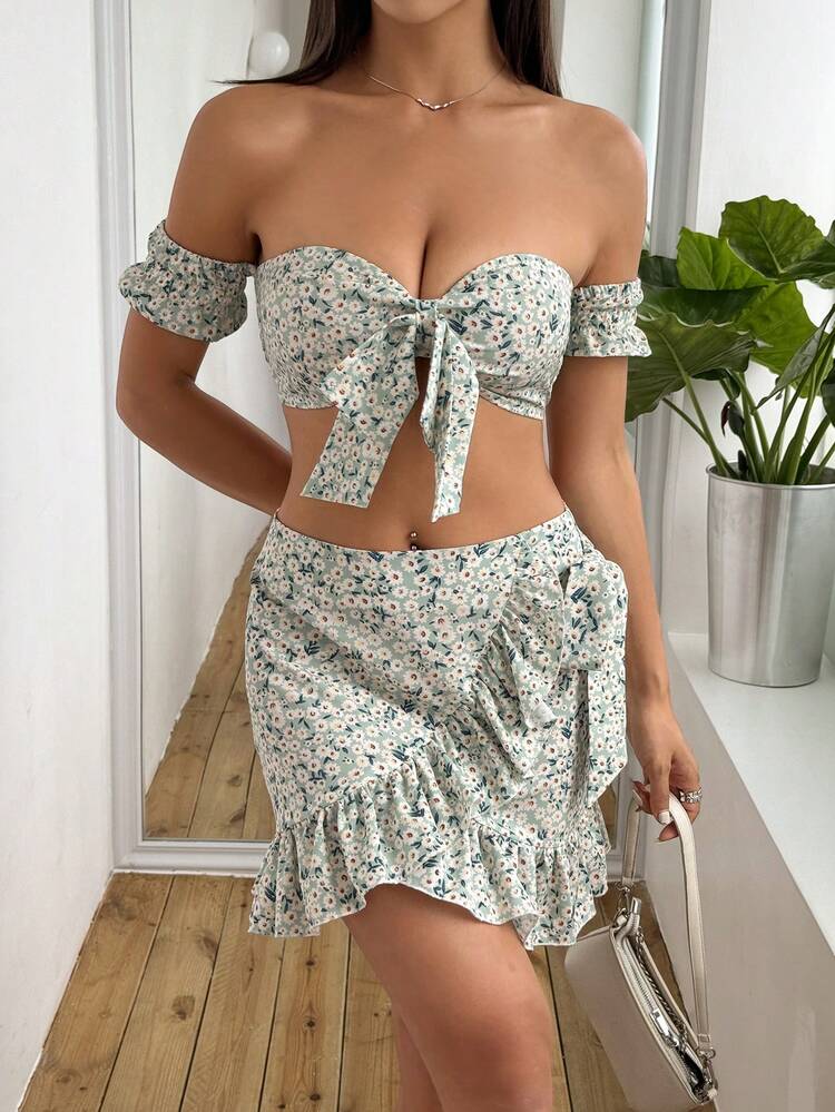 Women's Floral Print Front Knot Off Shoulder Top And Skirt Set